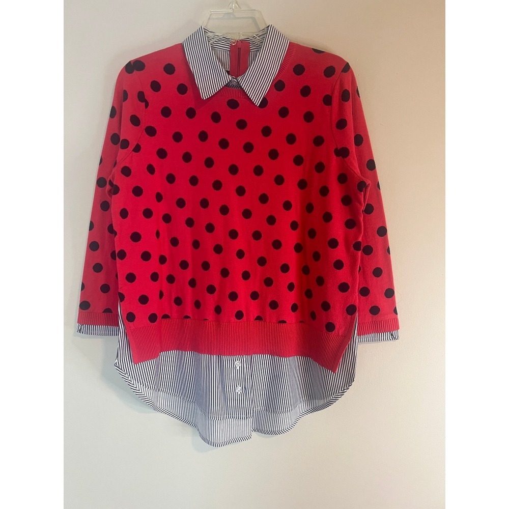 Crown & Ivy Red Polka Dot Striped Mixed Media Layered Sweater Top Medium